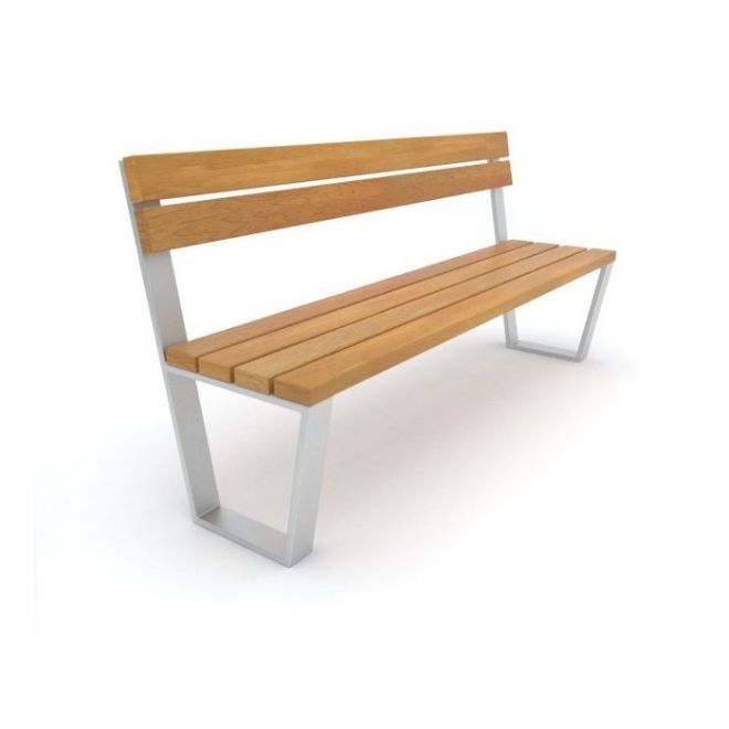 Ryga Bench w/ Backrest puidust iste ja valge metallraamiga pink välitingimustesse.
