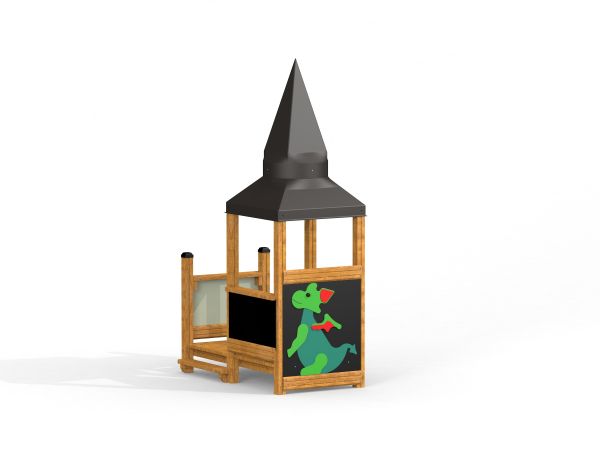 Tower with Baby Dragon lasteaiamängu torn rohelise draakoni kujutisega sedael.
