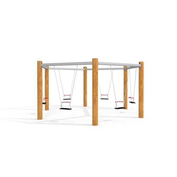 Laste mänguväljak Six Arm Swing Nature kiiged neljal küljel puidust tugipostidega.
