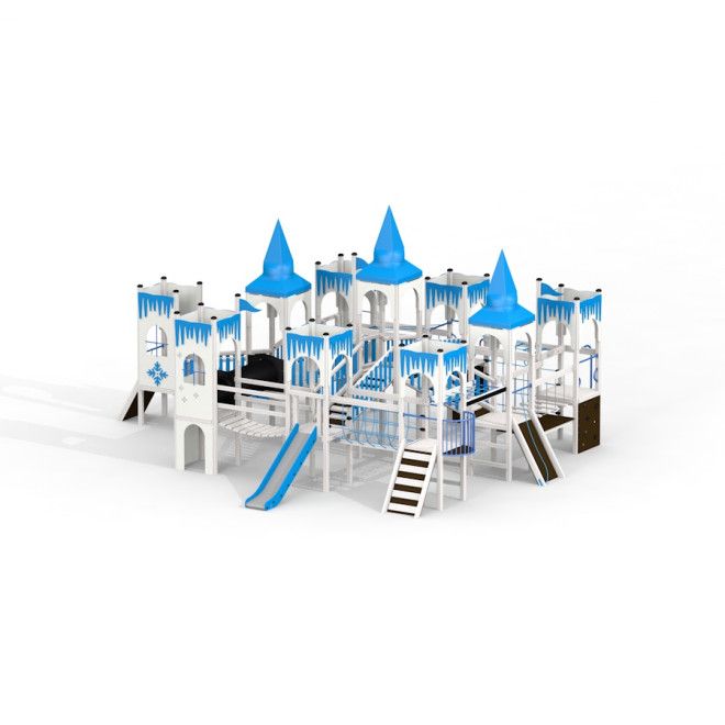 Winter Mansion laste mänguväljak siniste tornide ja liuguritega.