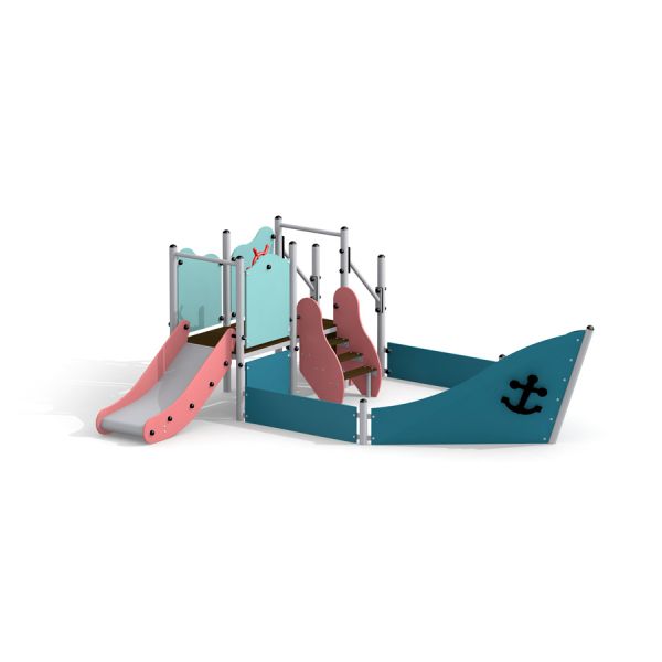 Väikelaste mänguväljakut kujutav Small Ship Wonderland liugredeliga ja ankruga.