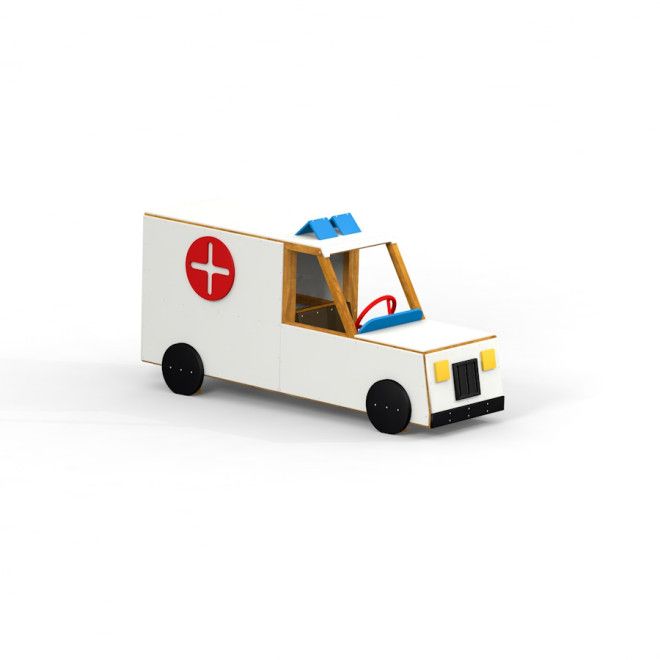 Laste mänguväljakule mõeldud Ambulance mänguauto puidust konstruktsiooniga.