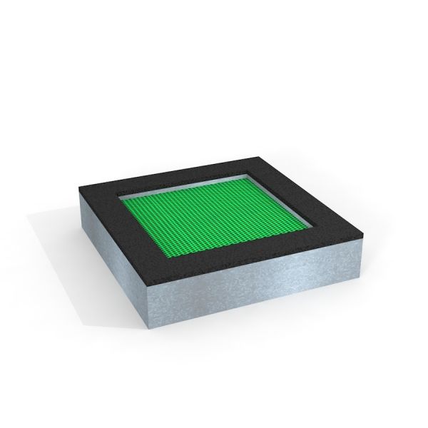 Square trampoline (125 cm) mänguväljakule, roheline võrk ja metallraamiga.