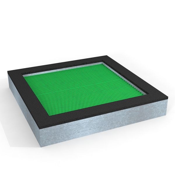 Square trampoline (200 cm) roheline võrk ja musta raamiga aluspind mänguväljakule.