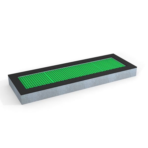 Rectangular trampoline mänguväljakule, roheline hüppenöör musta raamiga.