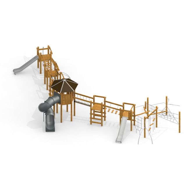 Khumbu mänguväljak puidust platvormide, liugurite ja ronimisseinaga lastele.