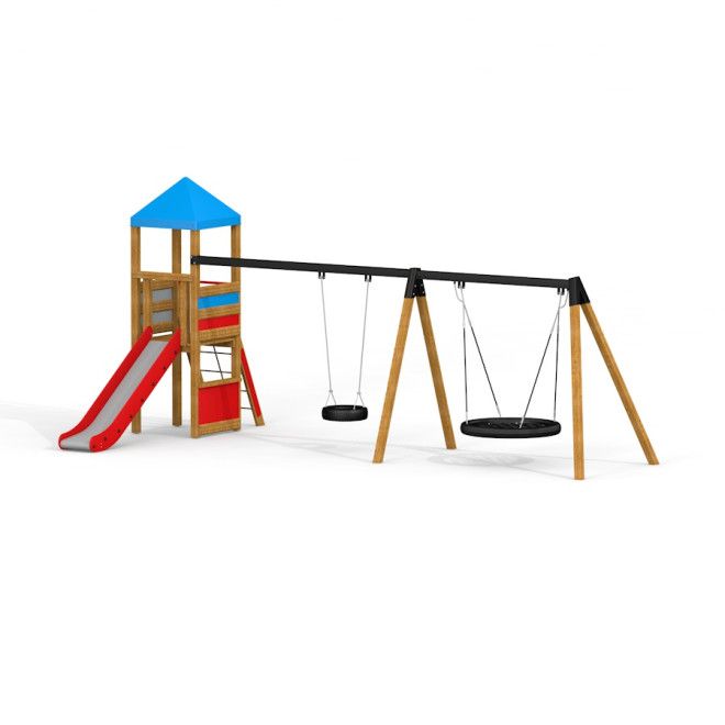 Bird Nest Swing with Tower (BNS 120 cm) – puidust mänguväljak liuguri ja kahe kiigega.