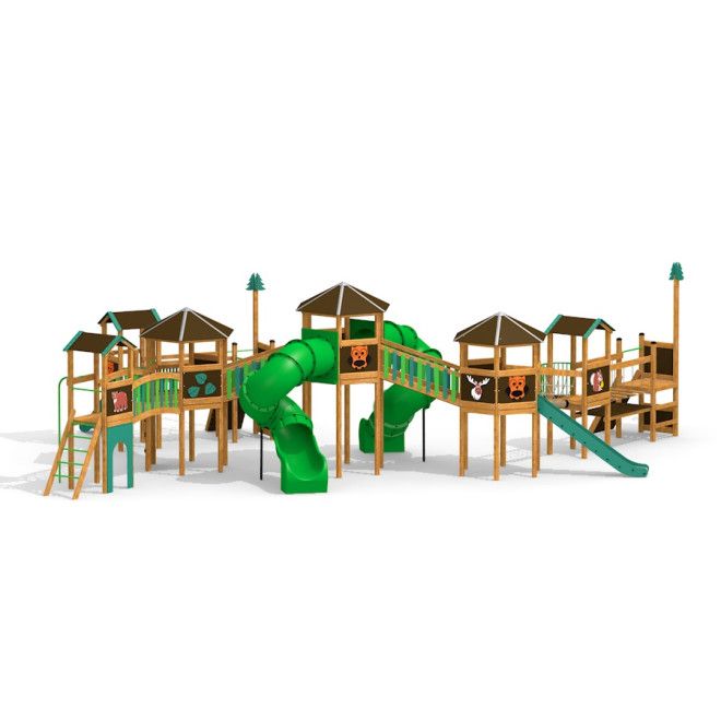 Forest City mänguväljaku puidust mängumaja roheliste liuguritega.