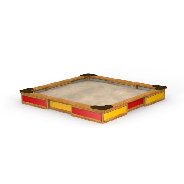 Sandbox 3x3 laste liivakast, puidust raam punaste ja kollaste paneelidega, mänguväljakule