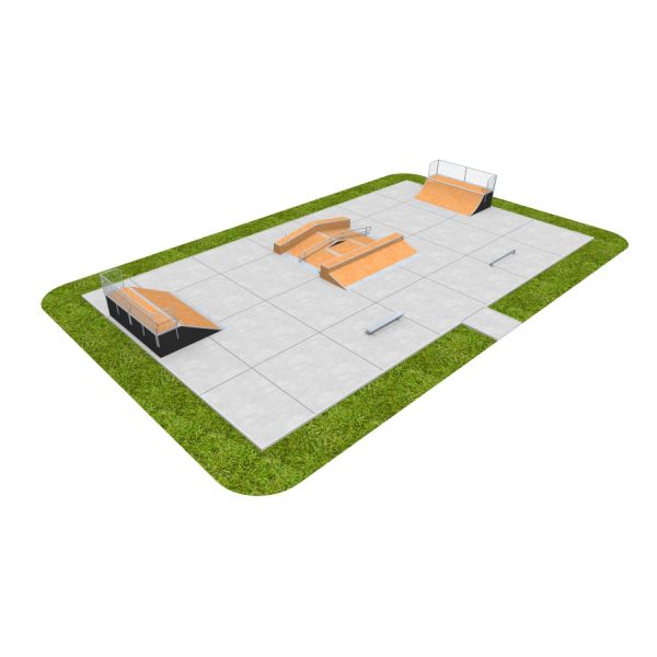 Skate Park 05 betoonist rulapark rohelise servaga, rulatajatele mõeldud tõusude ja tõkete komplekt