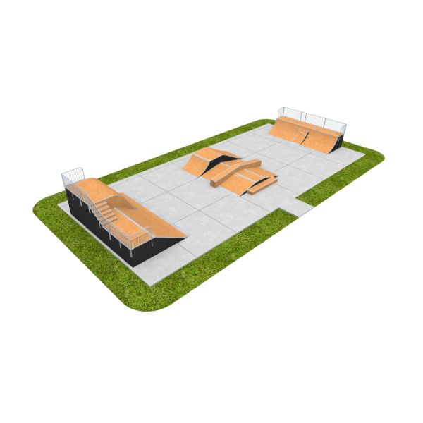 Skate Park 12, rulapargi platvormid betoonpinnal rohelise muru ümber.