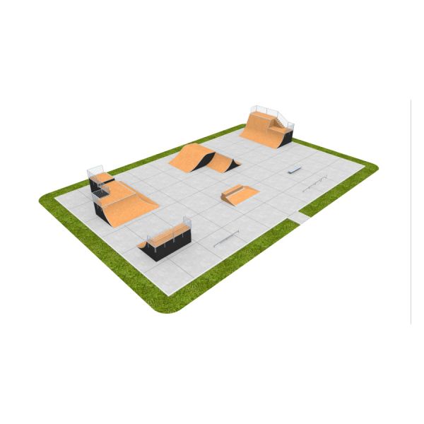 Skate Park 13 komplektne rulapark betoonplatvormil ja puidust kiirteedega.