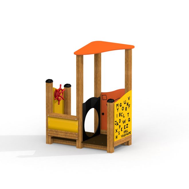 Puidust ja plastist mänguväljaku element, The Little Captain Playhouse koos roosa oranži katuse ja r