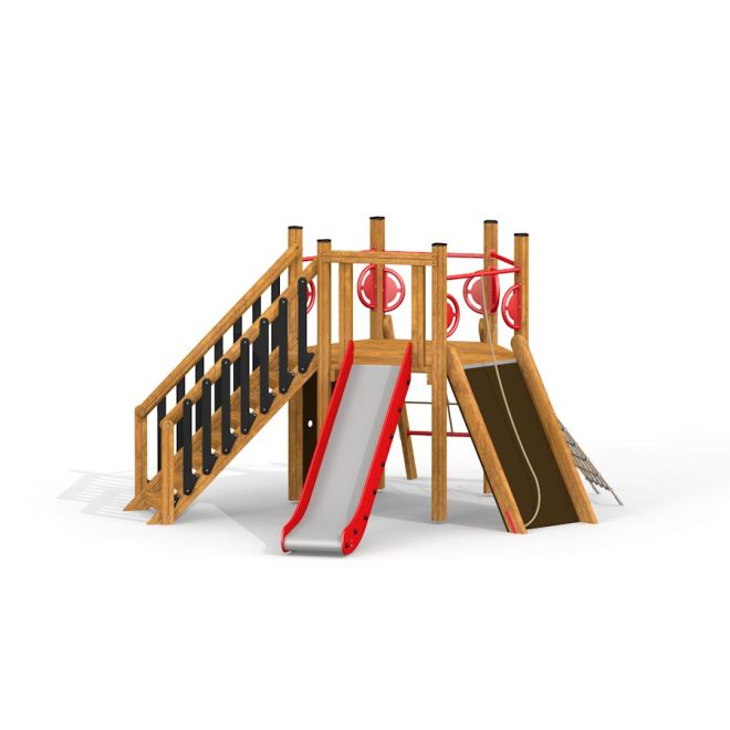 Laste mänguväljak Six Angle w/ Stairs & Slide, puidust redelid ja liugrenn.
