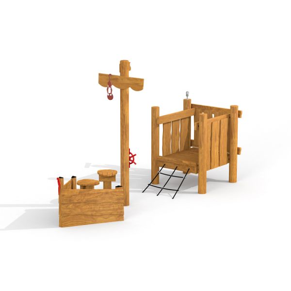 Small Wooden Playground Ship laste puidust mängulaev ronimisvõrkudega ja mängutorniga.