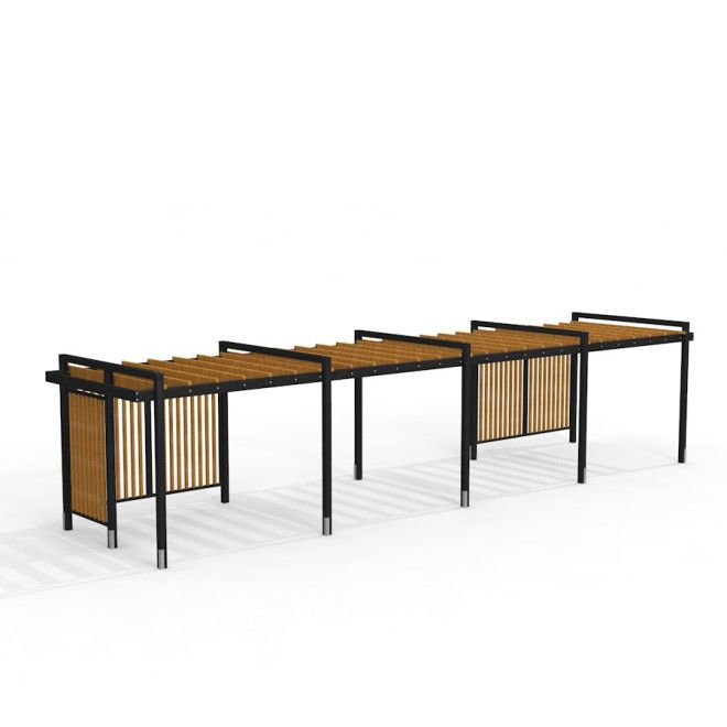 Pergola IV mustade metallraamide ja puidust detailidega mänguväljakule.