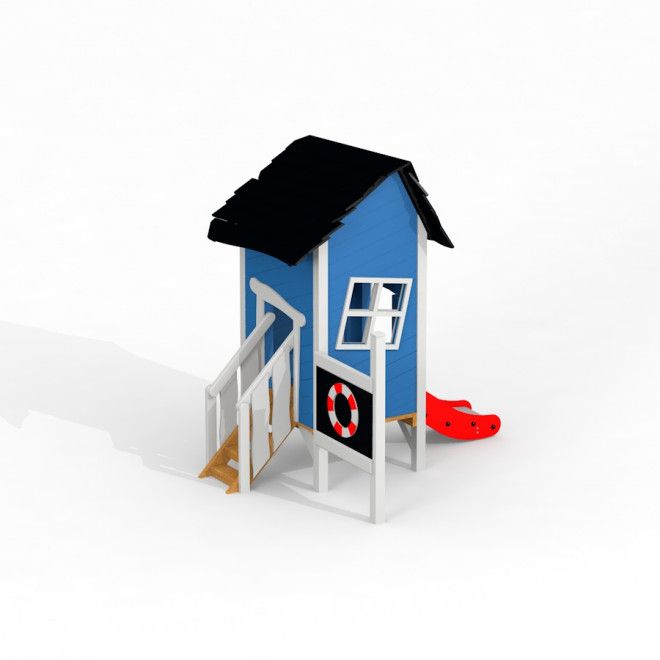 Lena's playhouse with a slide, sinine mängumaja punase liutoruga laste mänguväljakul