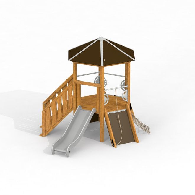 Six Angle w/ stairs & slide wooden playhouse laste mänguväljakul liivakastiga ja ronimisvõrkudega