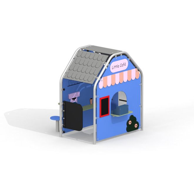 Lastemängu maja Little Café sinise fassaadiga ja varikatusega, mängunurkadega.