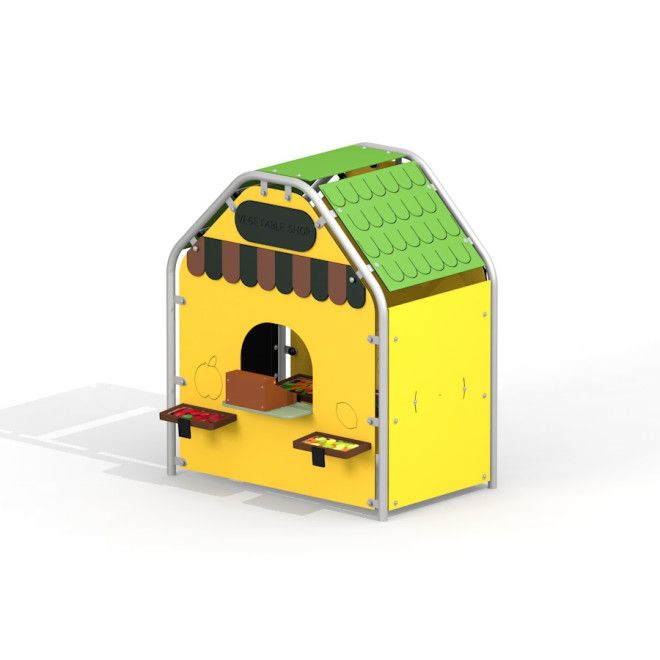 Laste mängumaja Vegetable shop kollase fassaadi ja rohelise katusetega.
