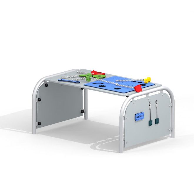 Laste mängulaud Workshop, millel on tööriistade ja ketastega mänguelemendid.