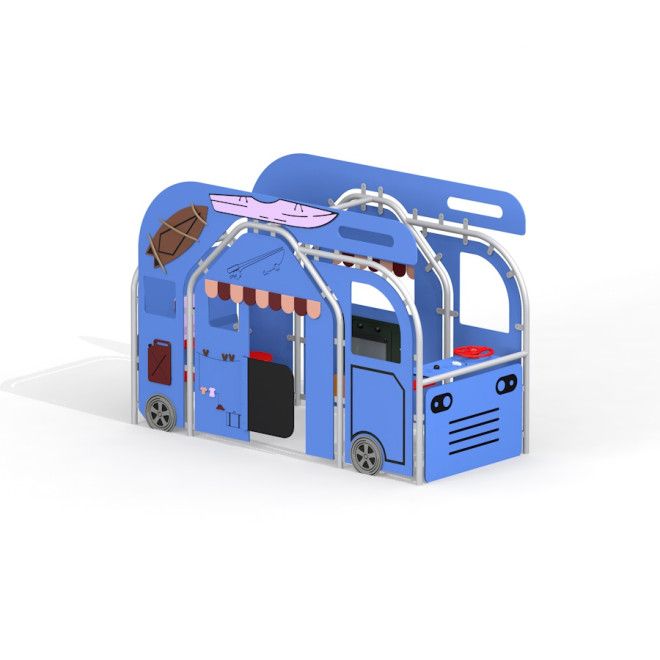 Laste mängumaja Camper sinise ja roosade detailidega, kujundatud nagu väike buss.