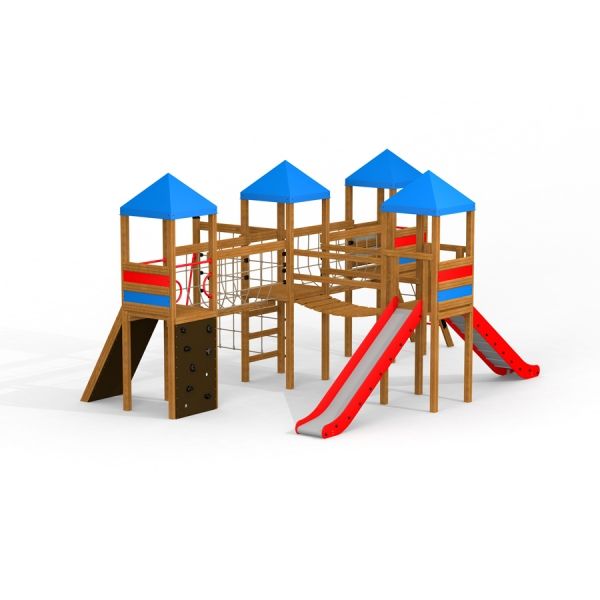 Laste mänguväljak Sphinx puidust torni ja punaste liutoru detailidega.
