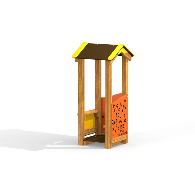Mänguväljakuselement Bravo puidust raamiga ja kollase-kollaka katusega.