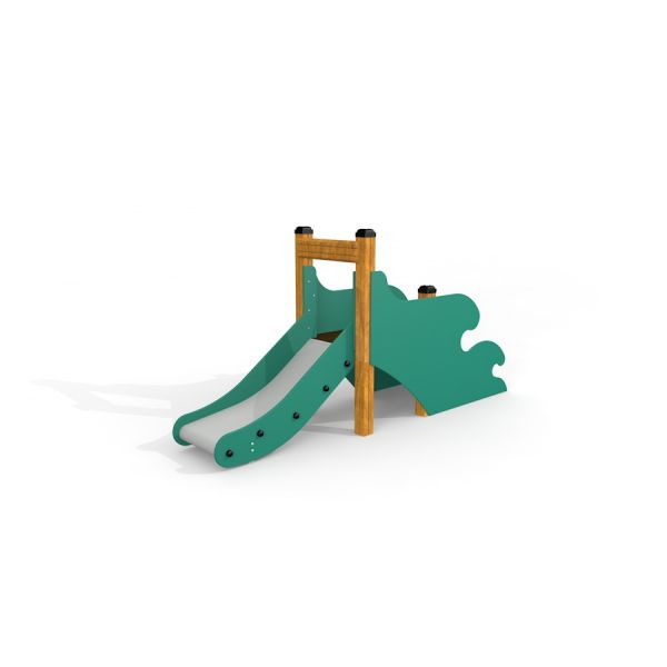 Slide with Dragon Back laste mänguväljakuluisk kahe rohelise külje ja puidust toestusega.
