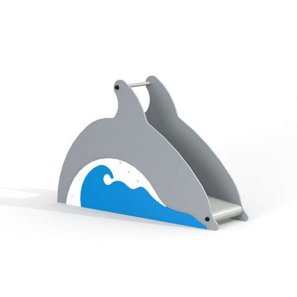Dolphin Slide halli ja sinise lainemustriga laste mänguliumägi.